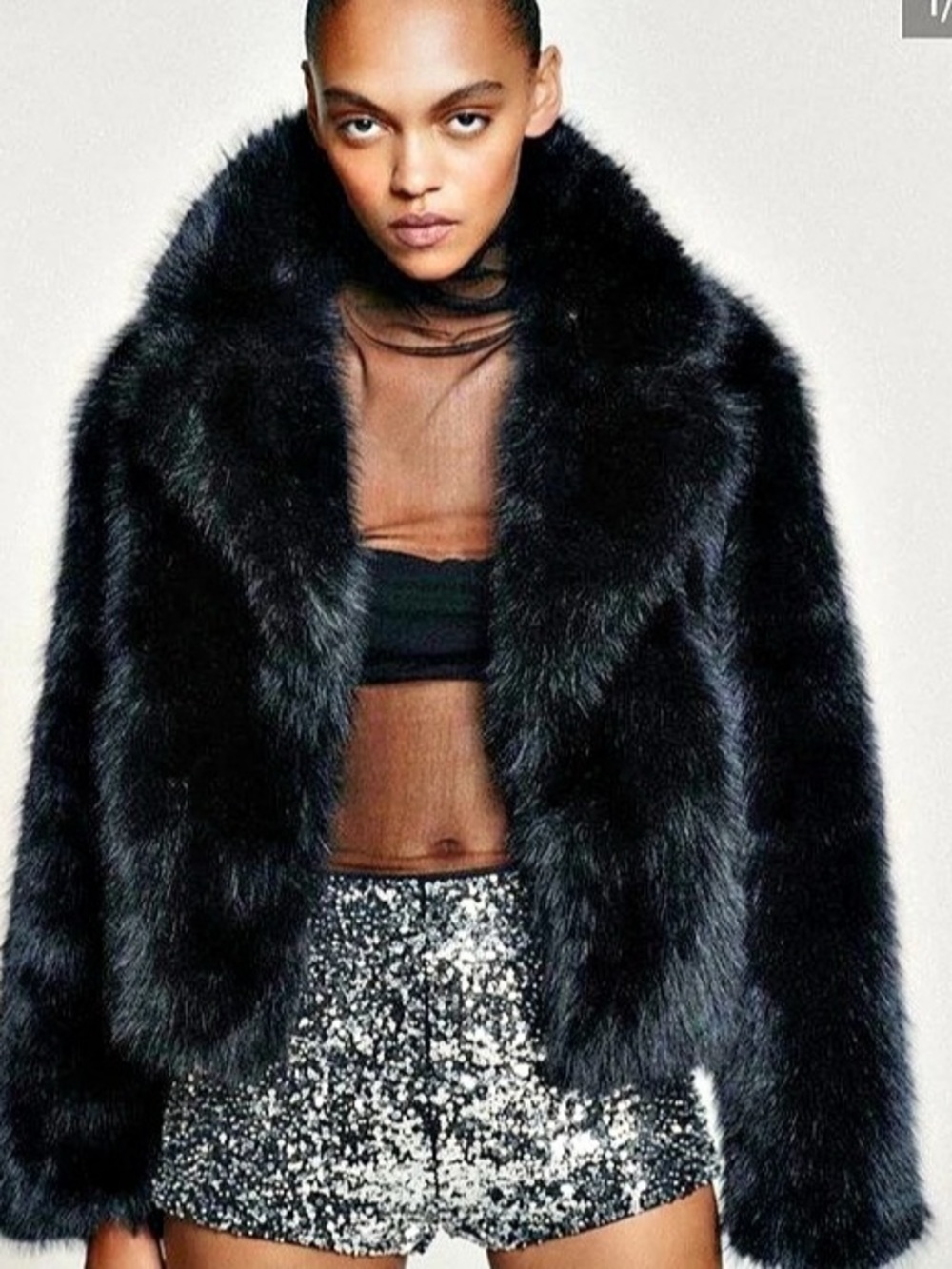 Zara Black Faux Fur Short Coat Faux Fur Jacket in Black Size Small NWT